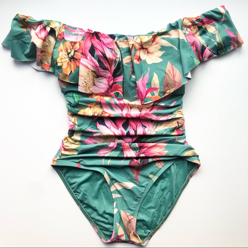 New La Blanca One Piece Swimsuit Green Floral Gem